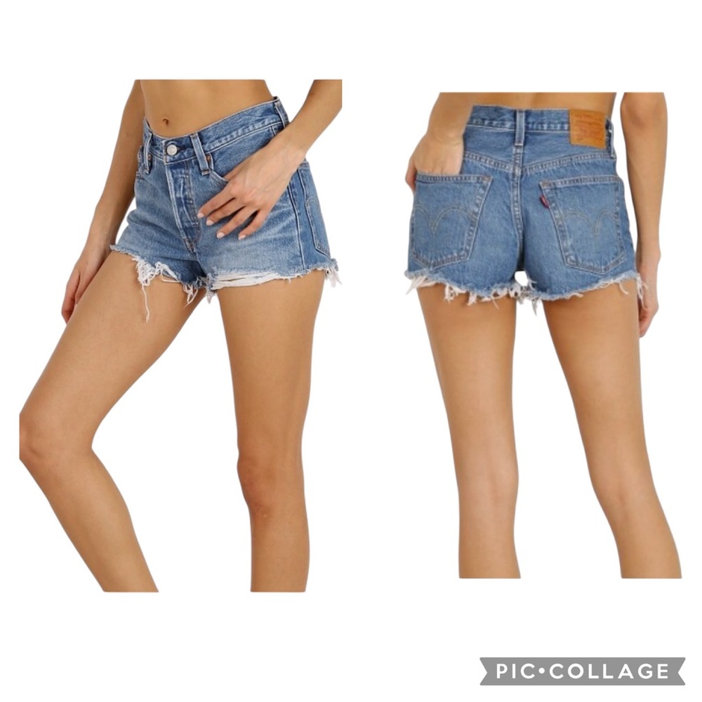 Levi's 501 Women's Size 28” Medium Wash Cotton Fray Hem Button Tab Denim Shorts - Picture 2 of 12